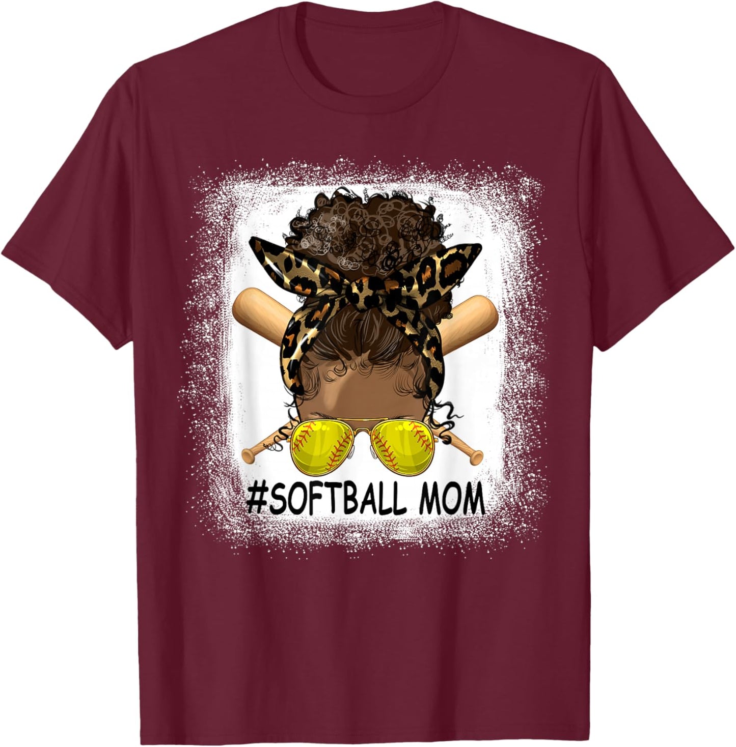 Afro Messy Bun Softball Mom Leopard Black Mommy Mother's Day T-Shirt - T-Shirt | Maroon
