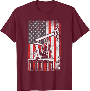 Oil Rig USA American Flag Landman Oilfield Worker T-Shirt - T-Shirt | Maroon
