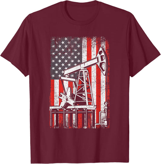 Oil Rig USA American Flag Landman Oilfield Worker T-Shirt - T-Shirt | Maroon