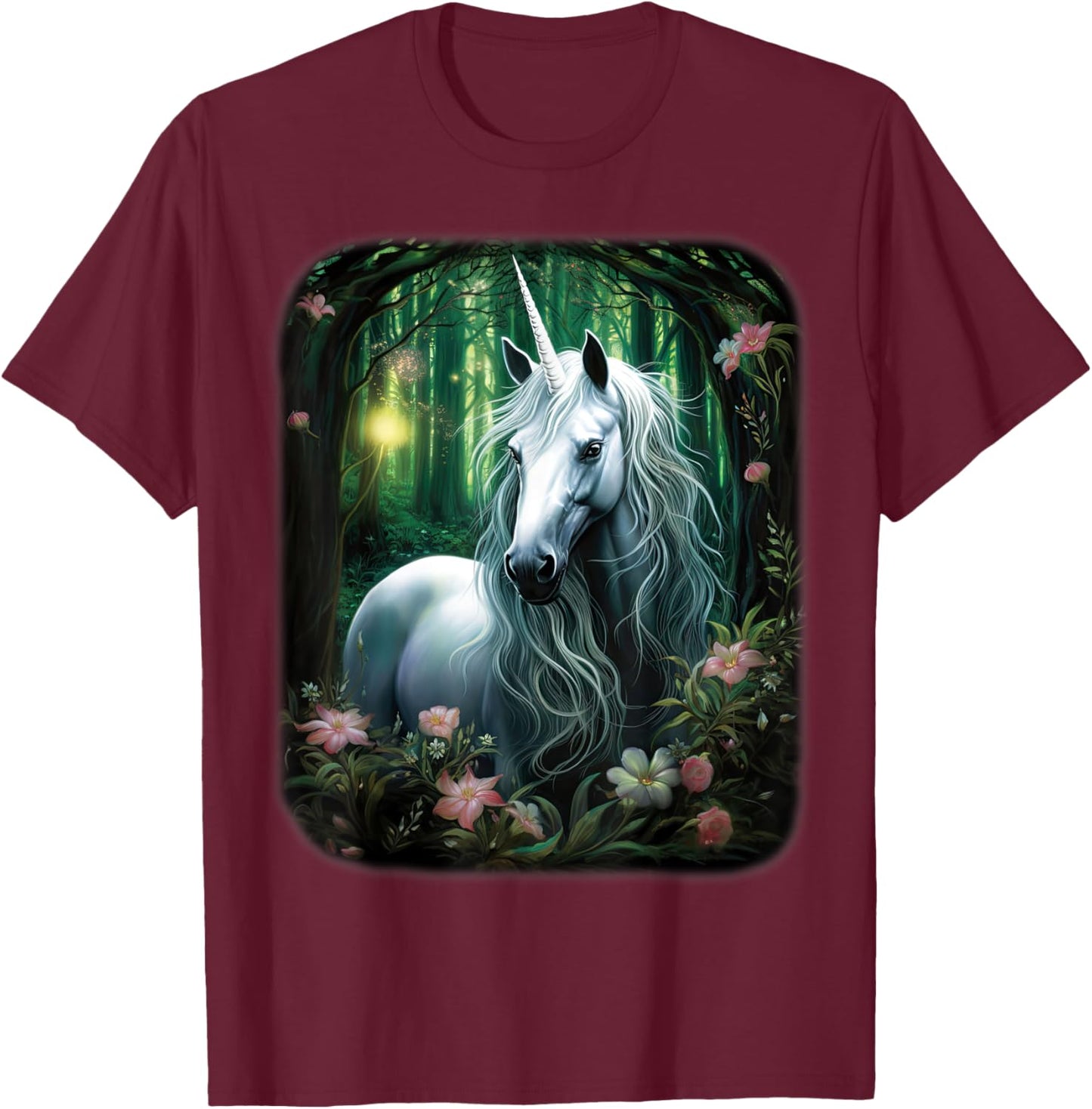 Fantasy white Unicorn standing in green Forest T-Shirt - T-Shirt | Maroon