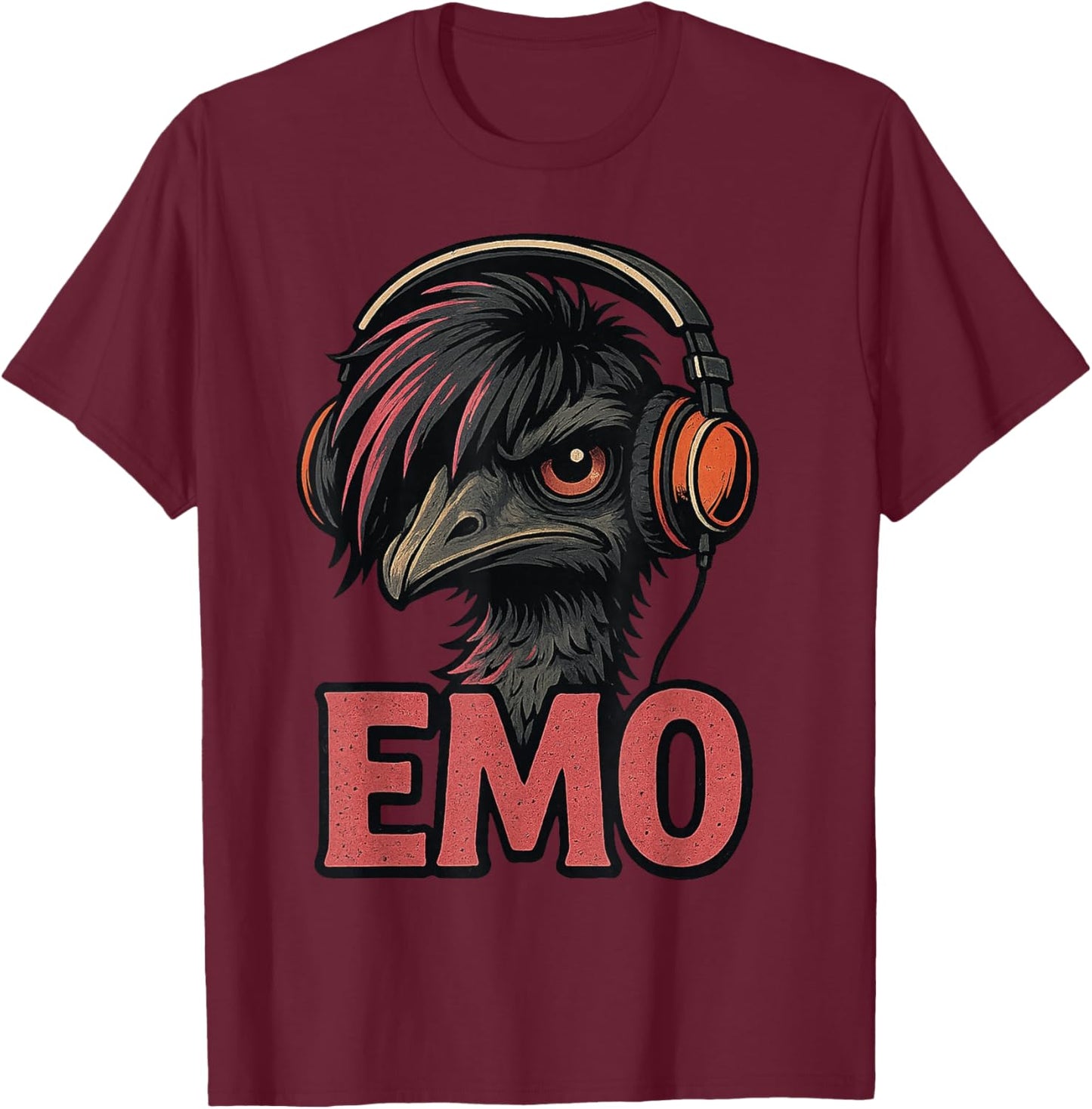 Emo Emu Vibes Alternative Bird with Headphones Retro Design T-Shirt - T-Shirt | Maroon