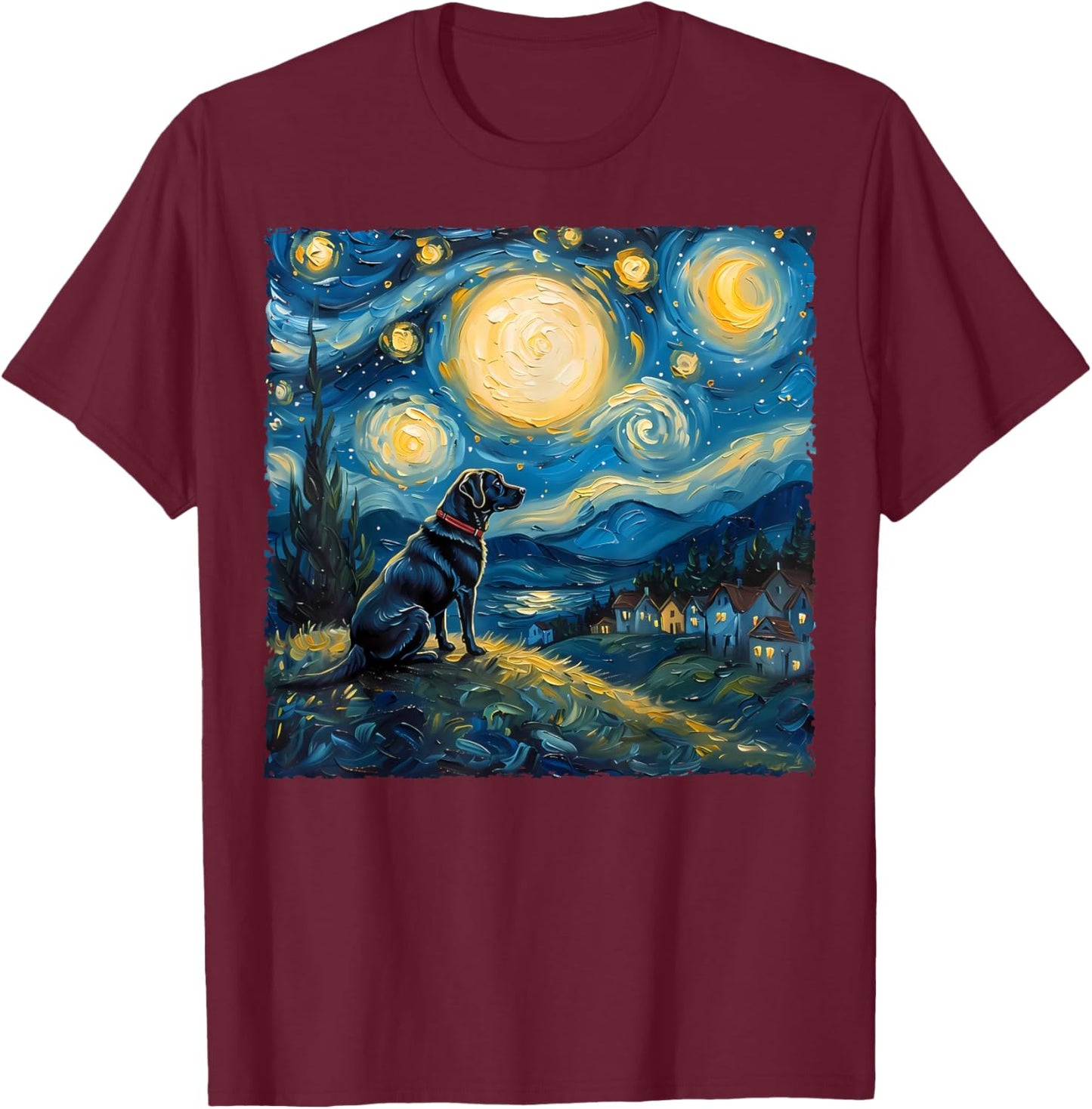 Labrador Retriever Dog Lovers Starry Night Van Gogh Style T-Shirt - T-Shirt | Maroon