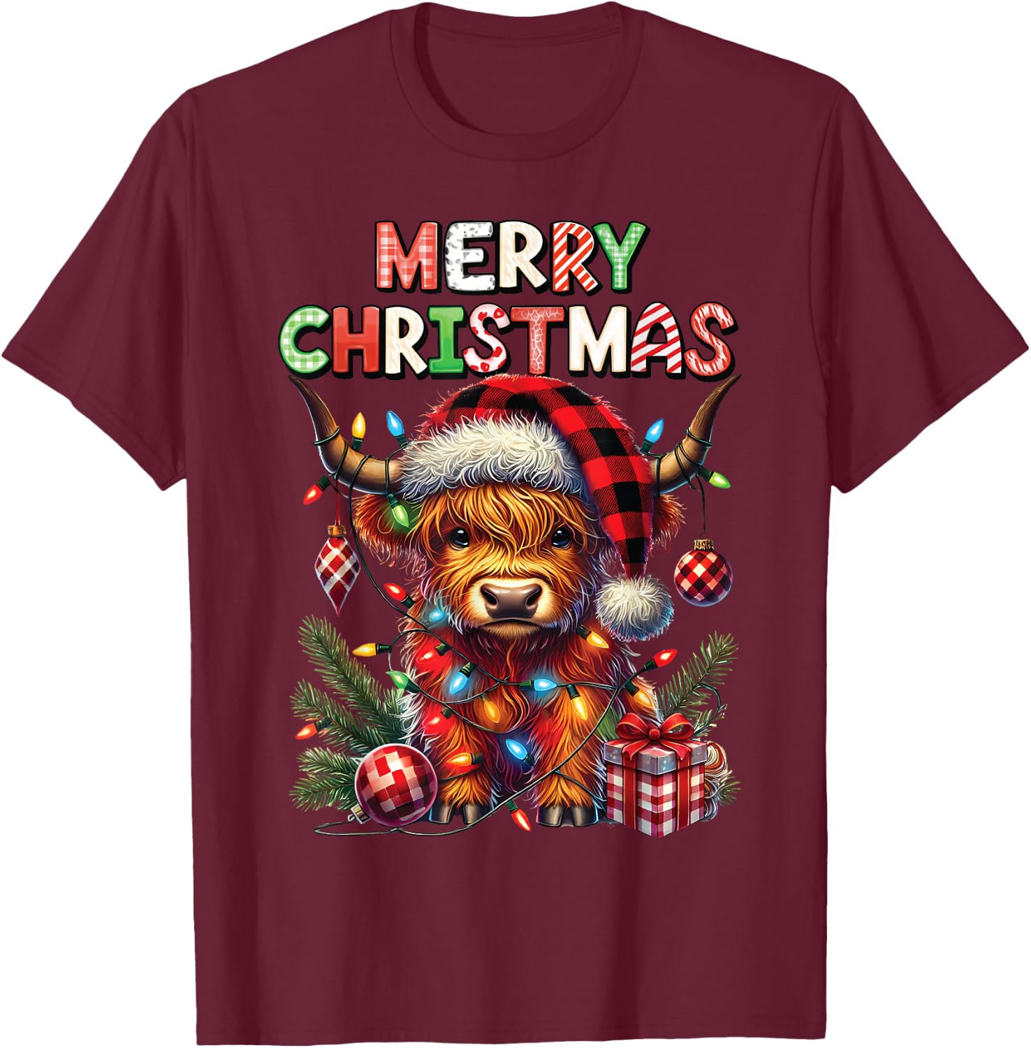 Merry Christmas Scottish Highland Cow Xmas Farm Animal Lover T-Shirt - T-Shirt | Maroon