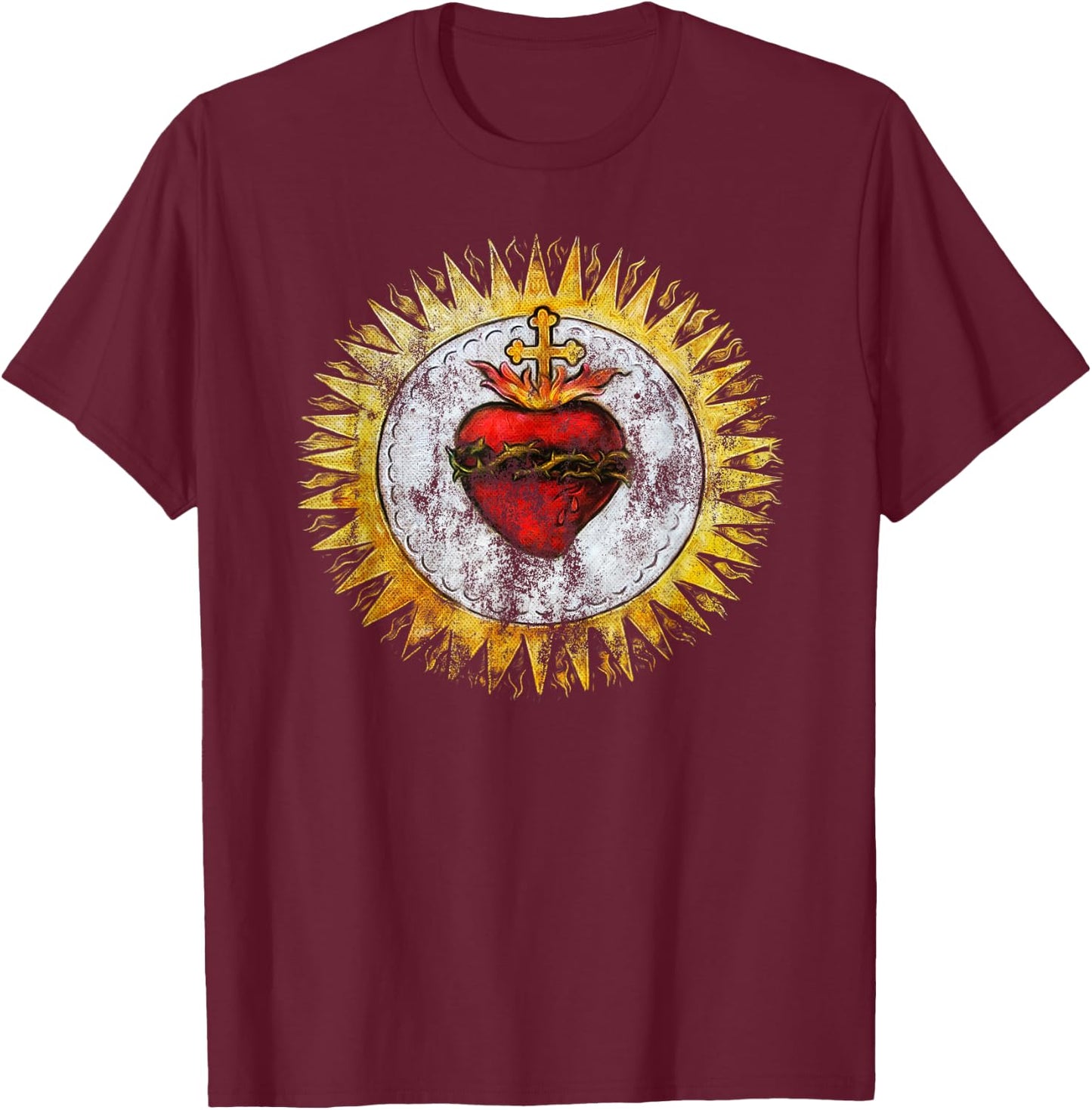 Sacred Heart of Jesus Christ Vintage Christian T-Shirt - T-Shirt | Maroon