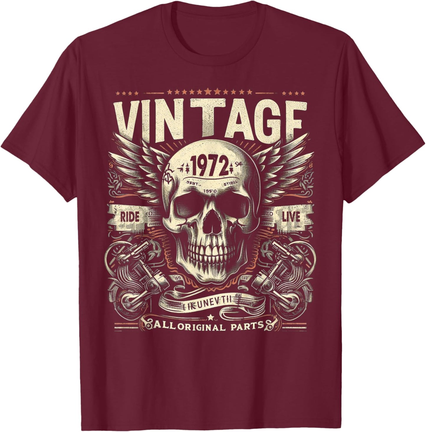 Vintage 1972 born in 1972 birthday skull biker motorcycle T-Shirt - T-Shirt | Maroon