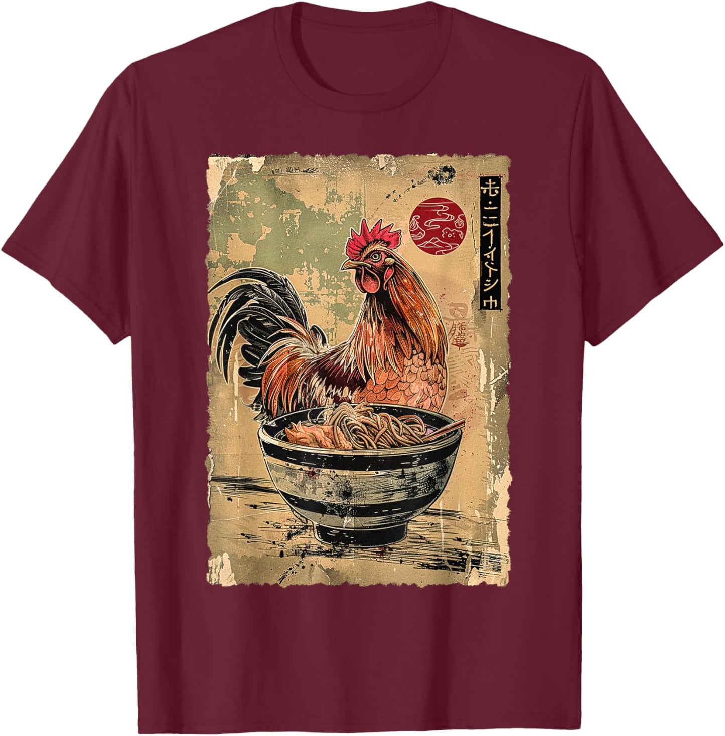 Chicken Eating Ramen Noodles Japanese Woodblock Ukiyoe Art T-Shirt - T-Shirt | Maroon