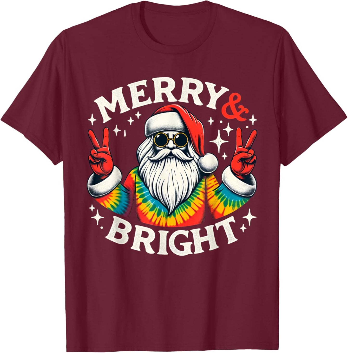 Vintage Retro Merry And Bright Hippie Santa Peace Christmas T-Shirt - T-Shirt | Maroon