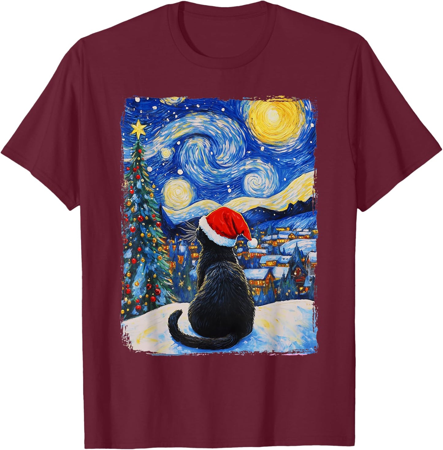 Cat Starry Night Christmas T-Shirt - T-Shirt | Maroon