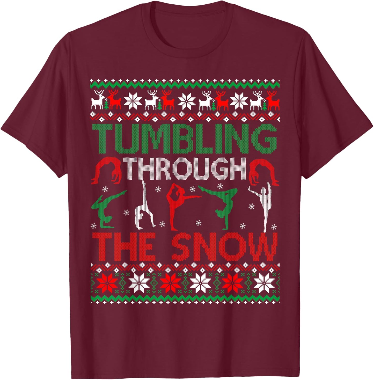 Tumbling Gymnastics Ugly Christmas Sweater Party T-Shirt - T-Shirt | Maroon