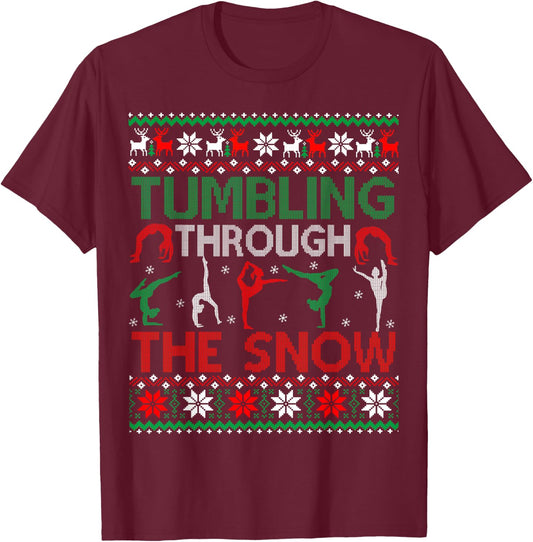 Tumbling Gymnastics Ugly Christmas Sweater Party T-Shirt - T-Shirt | Maroon