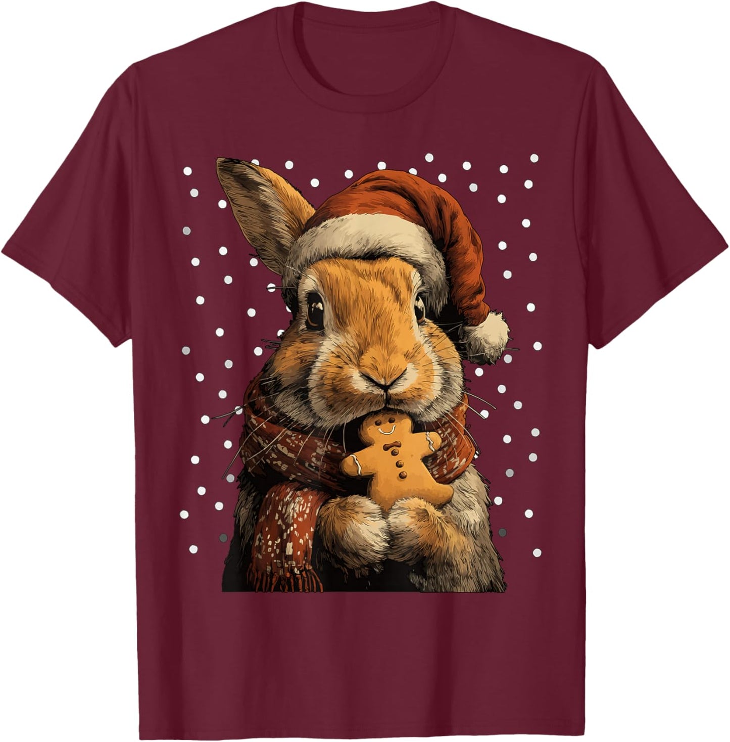 Christmas Rabbit in Santa Hat Gingerbread Cookie Snow Animal T-Shirt - T-Shirt | Maroon