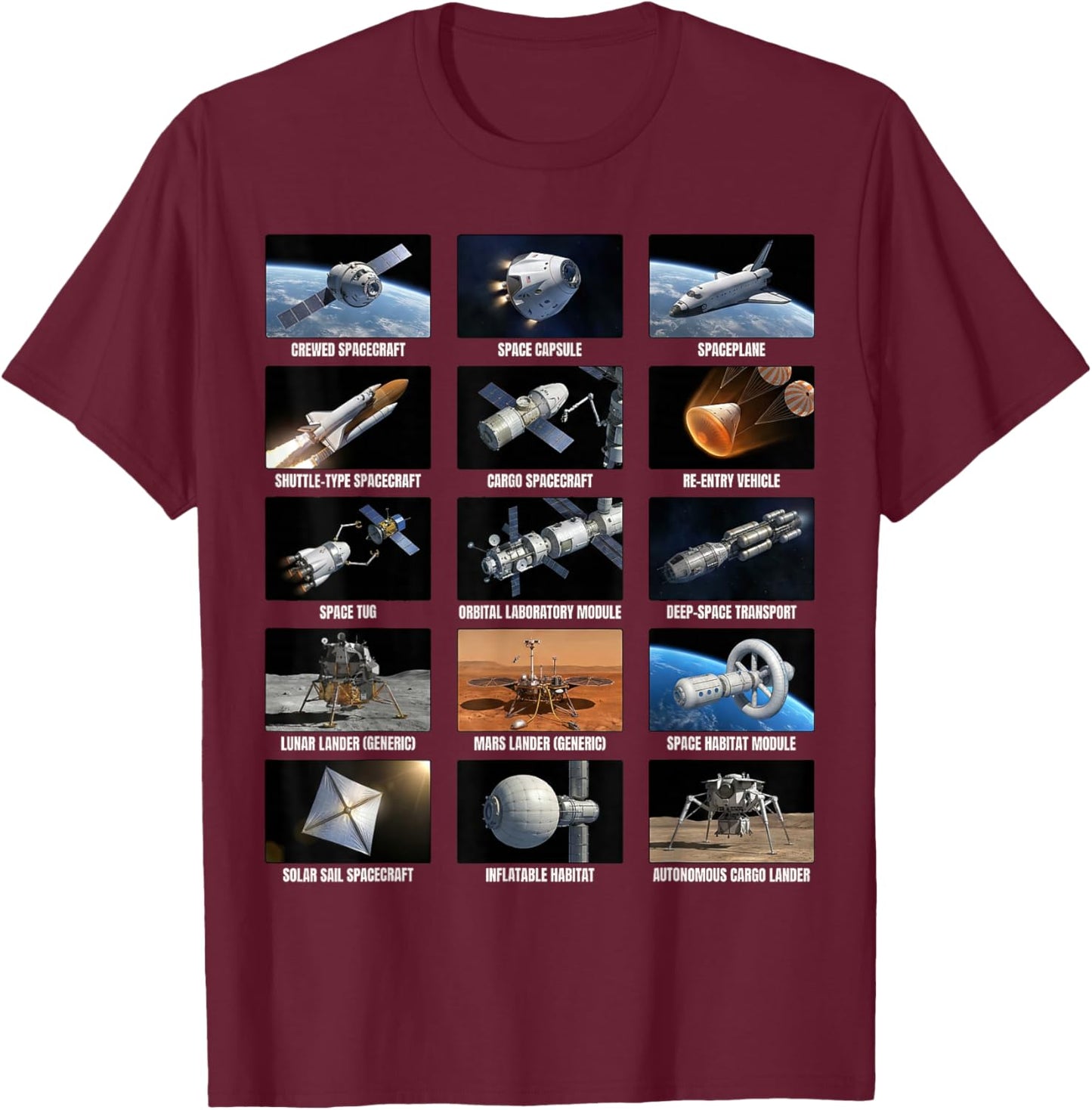 Spaceship Types Space Exploration Chart Astronomy T-Shirt - T-Shirt | Maroon