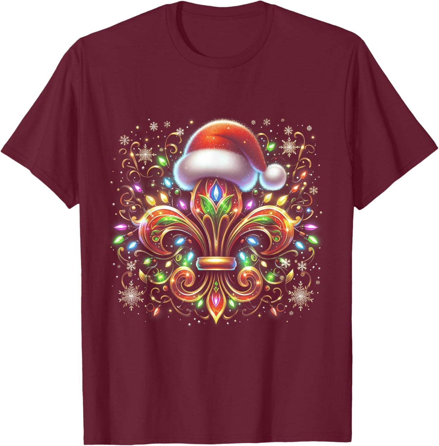 Fleur De-Lis Christmas Ornament with Santa Hat Xmas Lights T-Shirt - T-Shirt | Maroon