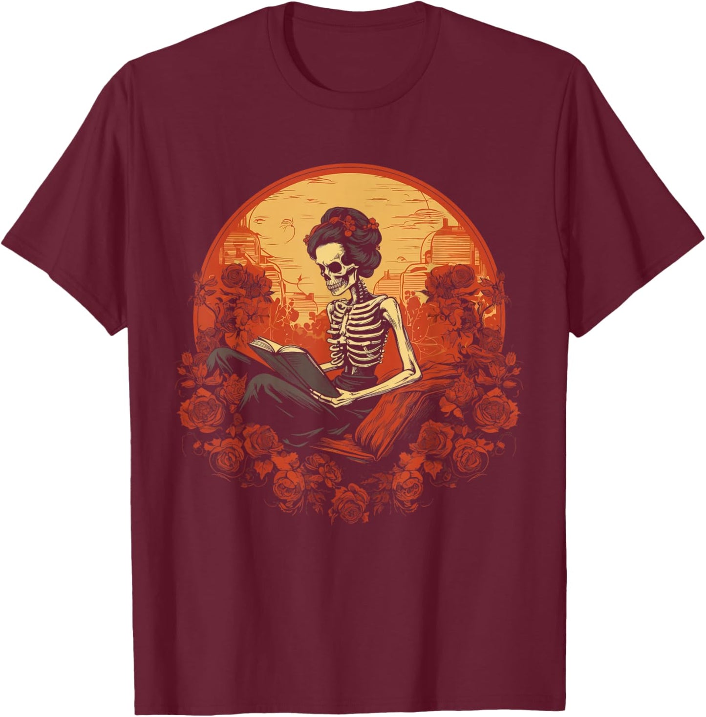 Vintage Spooky Bookworm Reader Skeleton Women, Girls T-Shirt - T-Shirt | Maroon