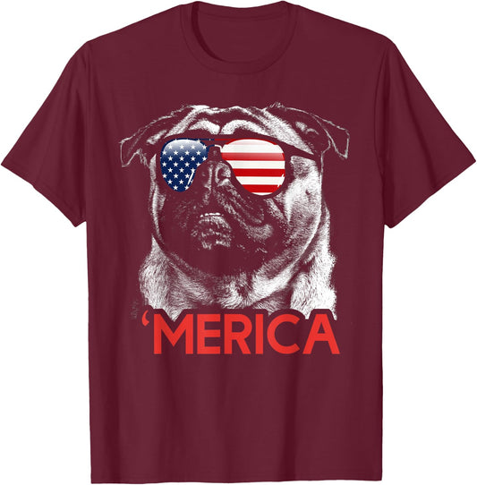 Merica Pug American Flag 4th of July Independence Day Women Men T-Shirt - T-Shirt | Maroon