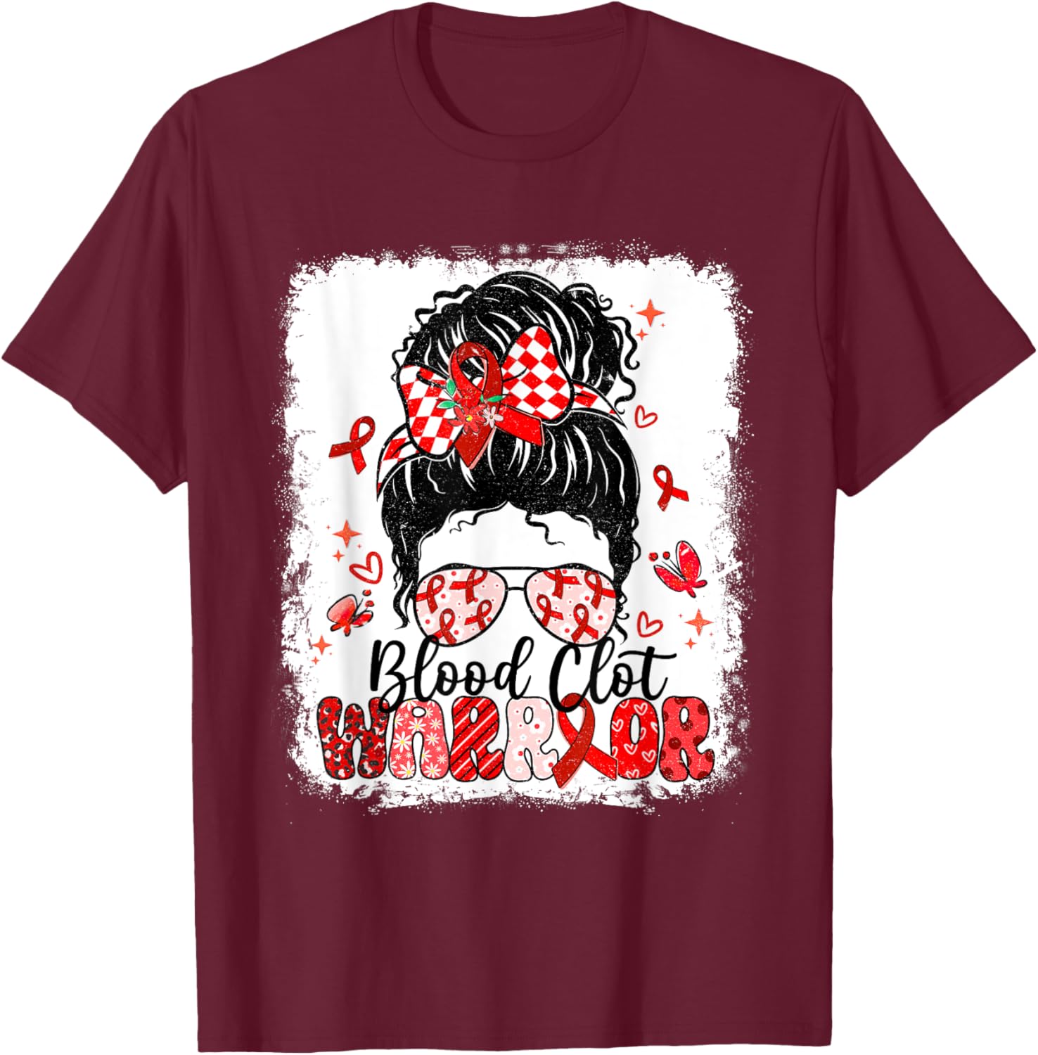 Warrior Messy Bun Red Ribbon Blood Clot Awareness T-Shirt - T-Shirt | Maroon