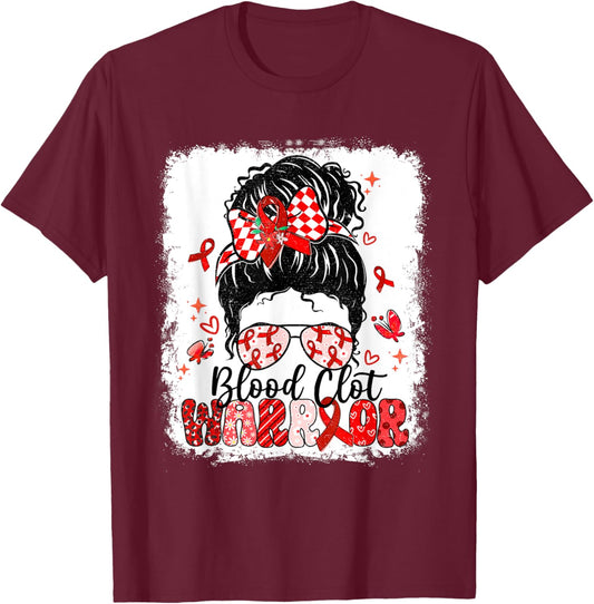 Warrior Messy Bun Red Ribbon Blood Clot Awareness T-Shirt - T-Shirt | Maroon