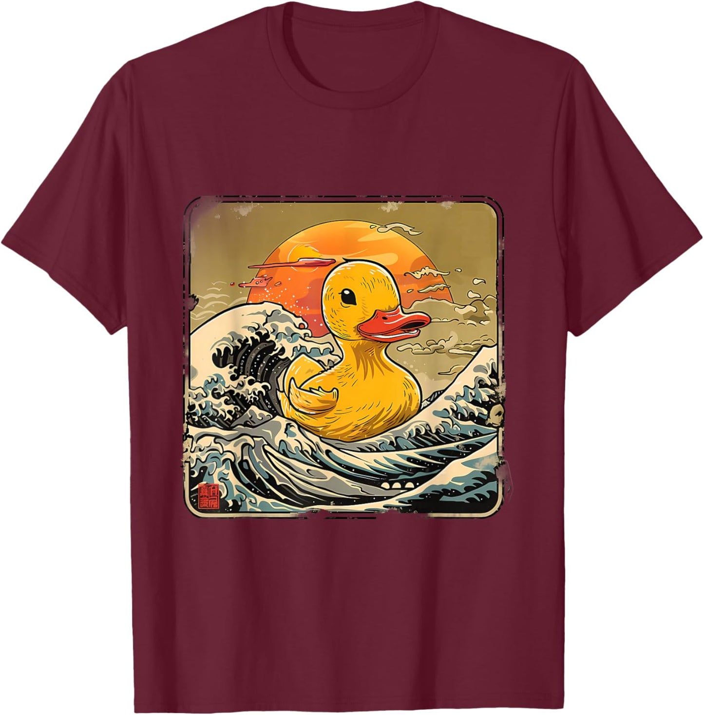Rubber Duck Great Wave Ocean Sunset Drawing Rubber Duckling T-Shirt - T-Shirt | Maroon