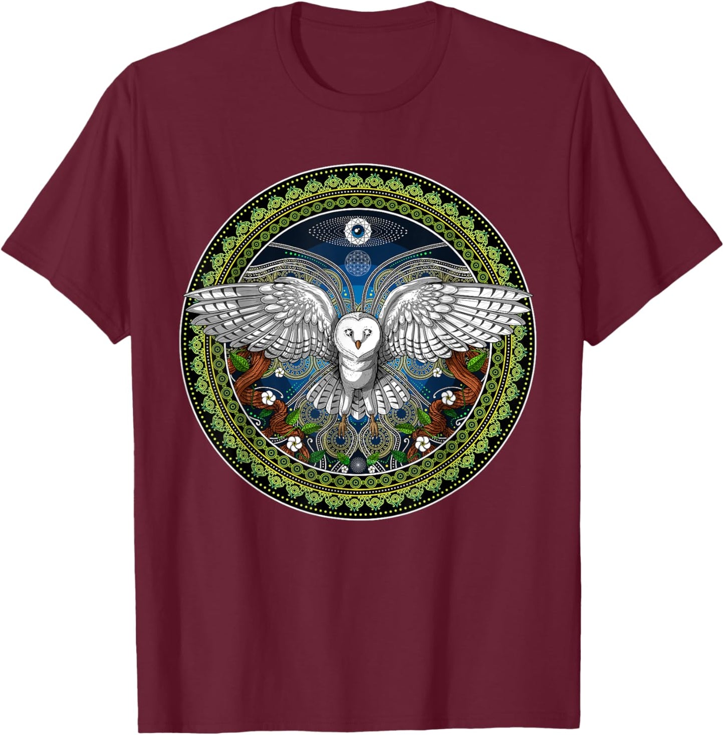 Owl Bird Psychedelic Sacred Geometry T-Shirt - T-Shirt | Maroon