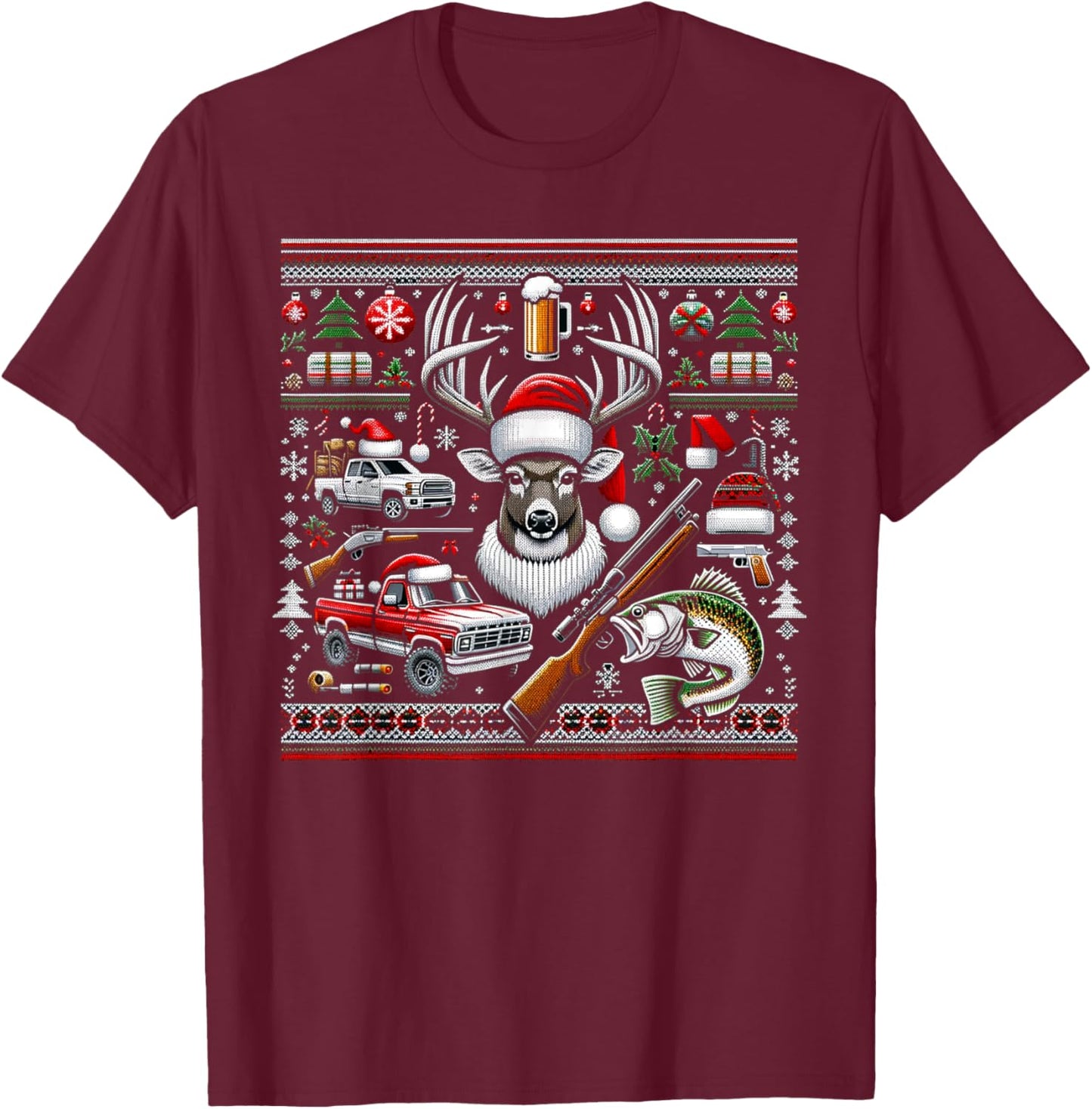 Deer Hunting Bass Fishing Redneck Ugly Christmas T-Shirt - T-Shirt | Maroon