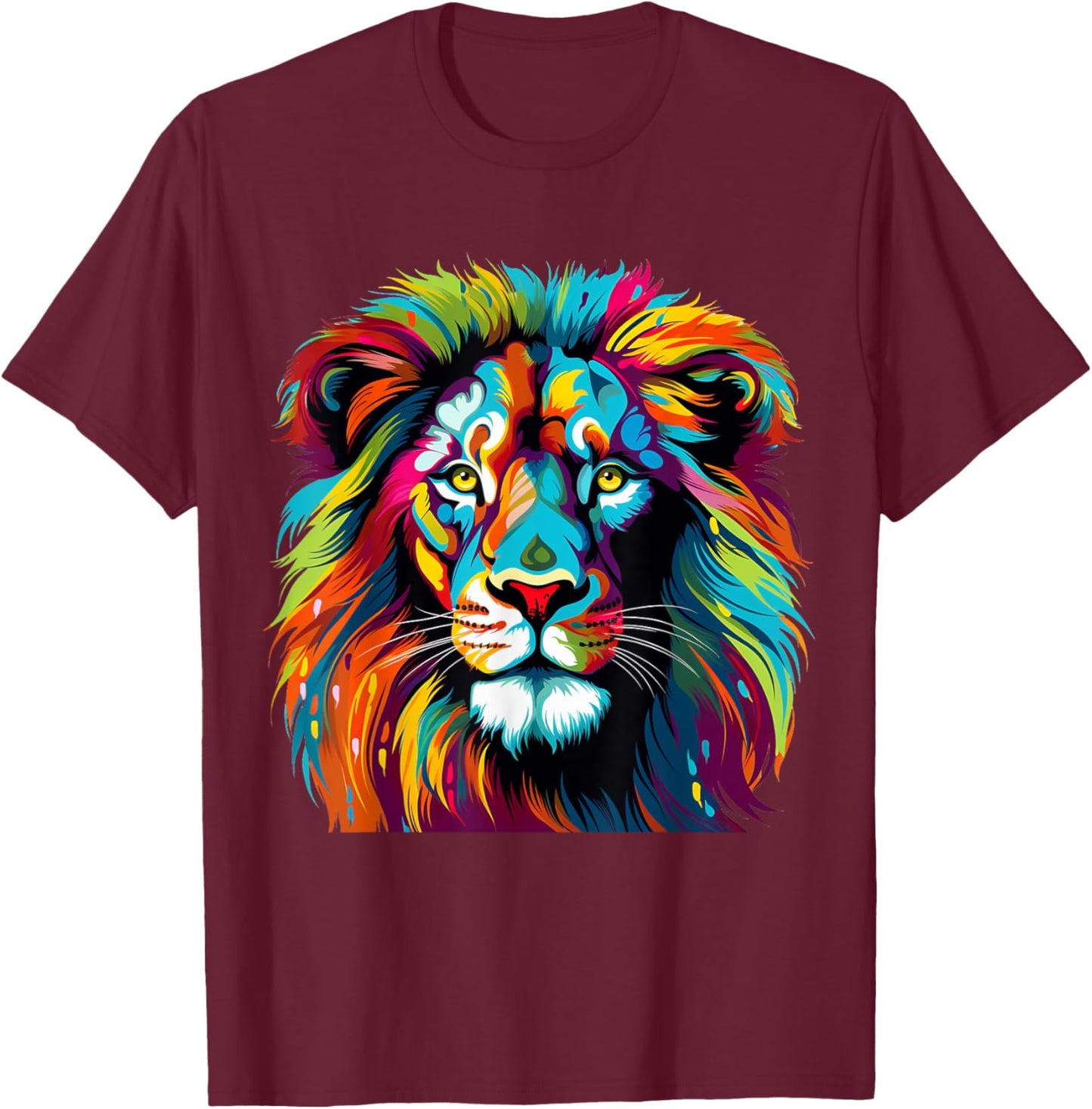 Cool Colorful Lion Portrait Graphic T-Shirt - T-Shirt | Maroon