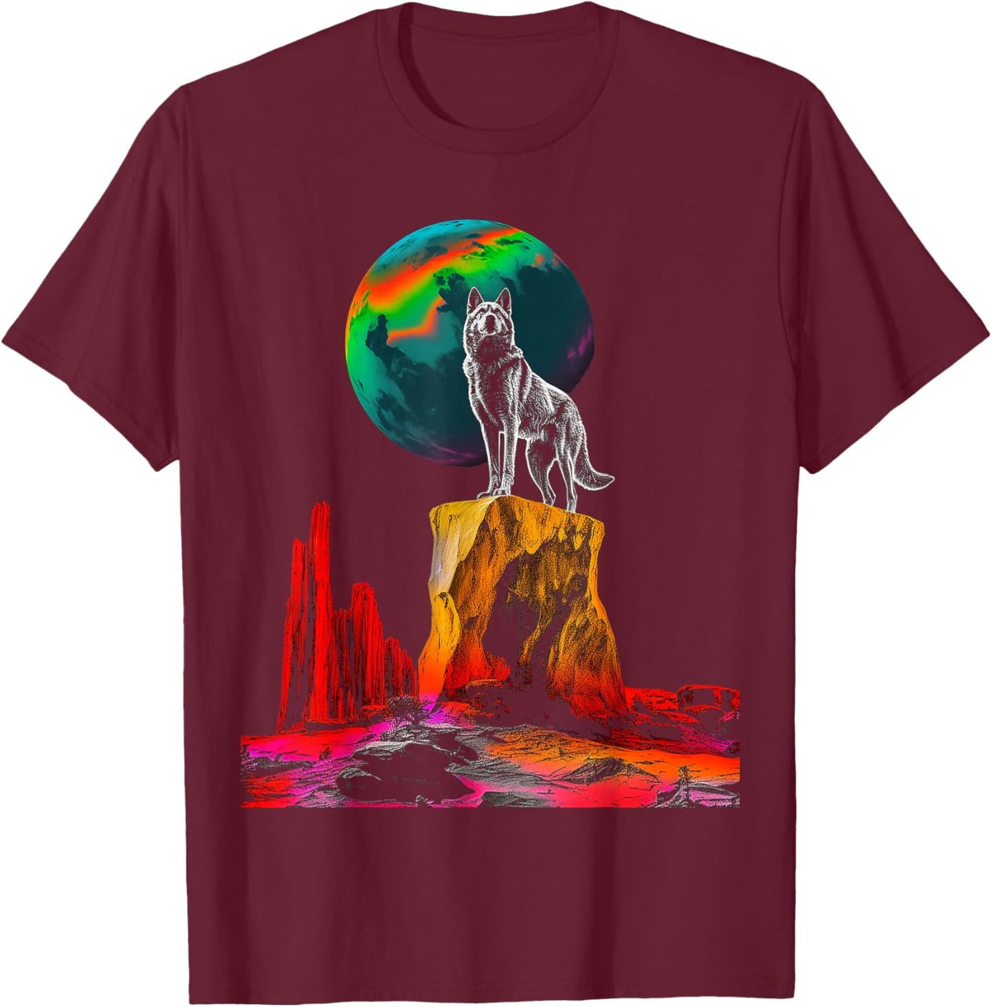 Wolf Moon Colorful Animal Nature Stones Art Wolf T-Shirt - T-Shirt | Maroon