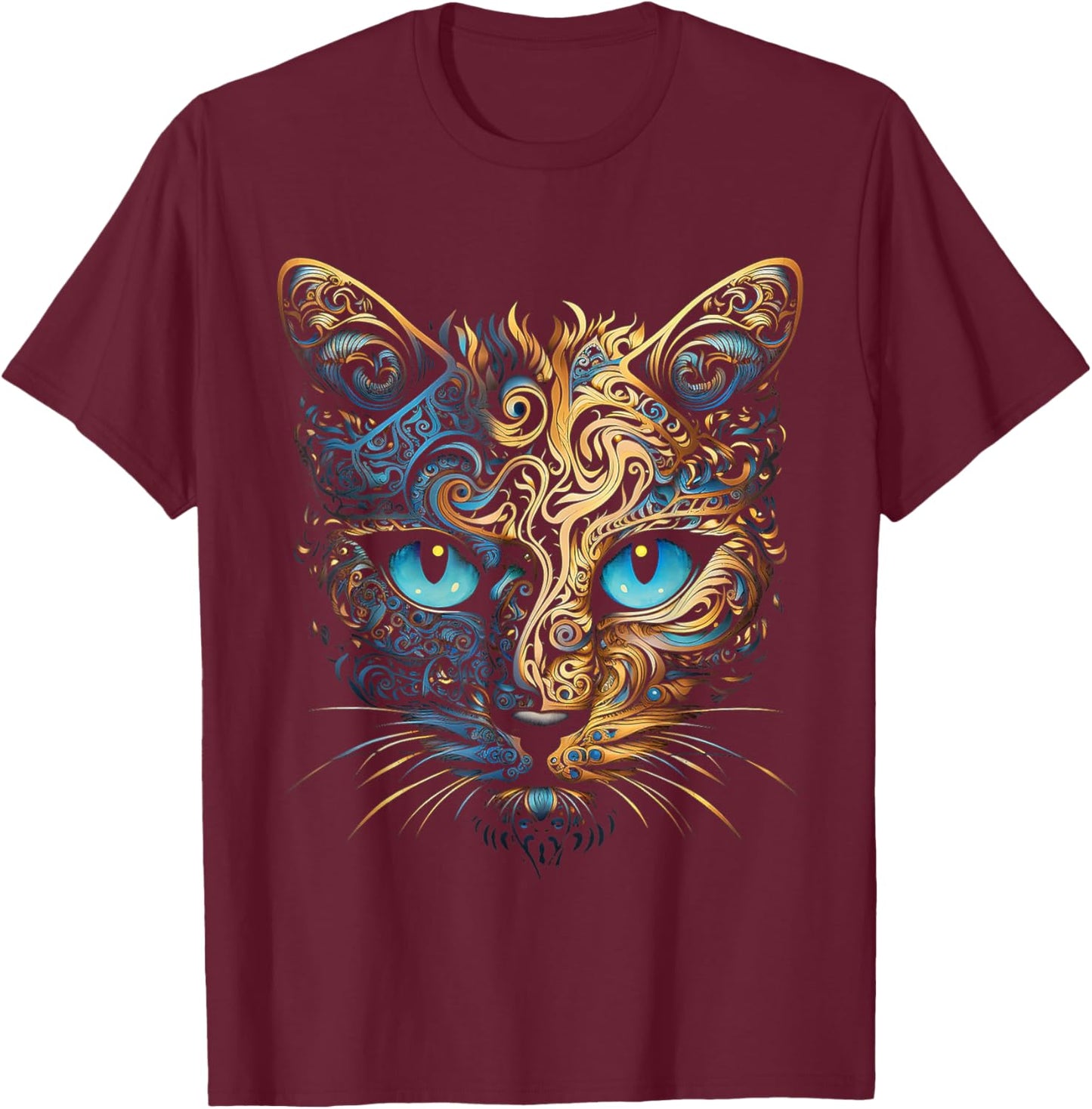 Cat Fantasy Blue Eyes Mandala Animal Art Cat T-Shirt - T-Shirt | Maroon