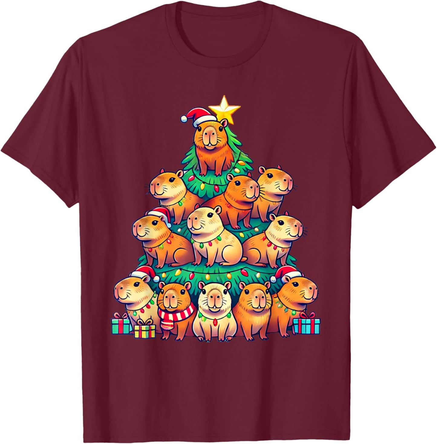 Capybara Christmas Tree Apparel -Adult Capybara Xmas T-Shirt - T-Shirt | Maroon