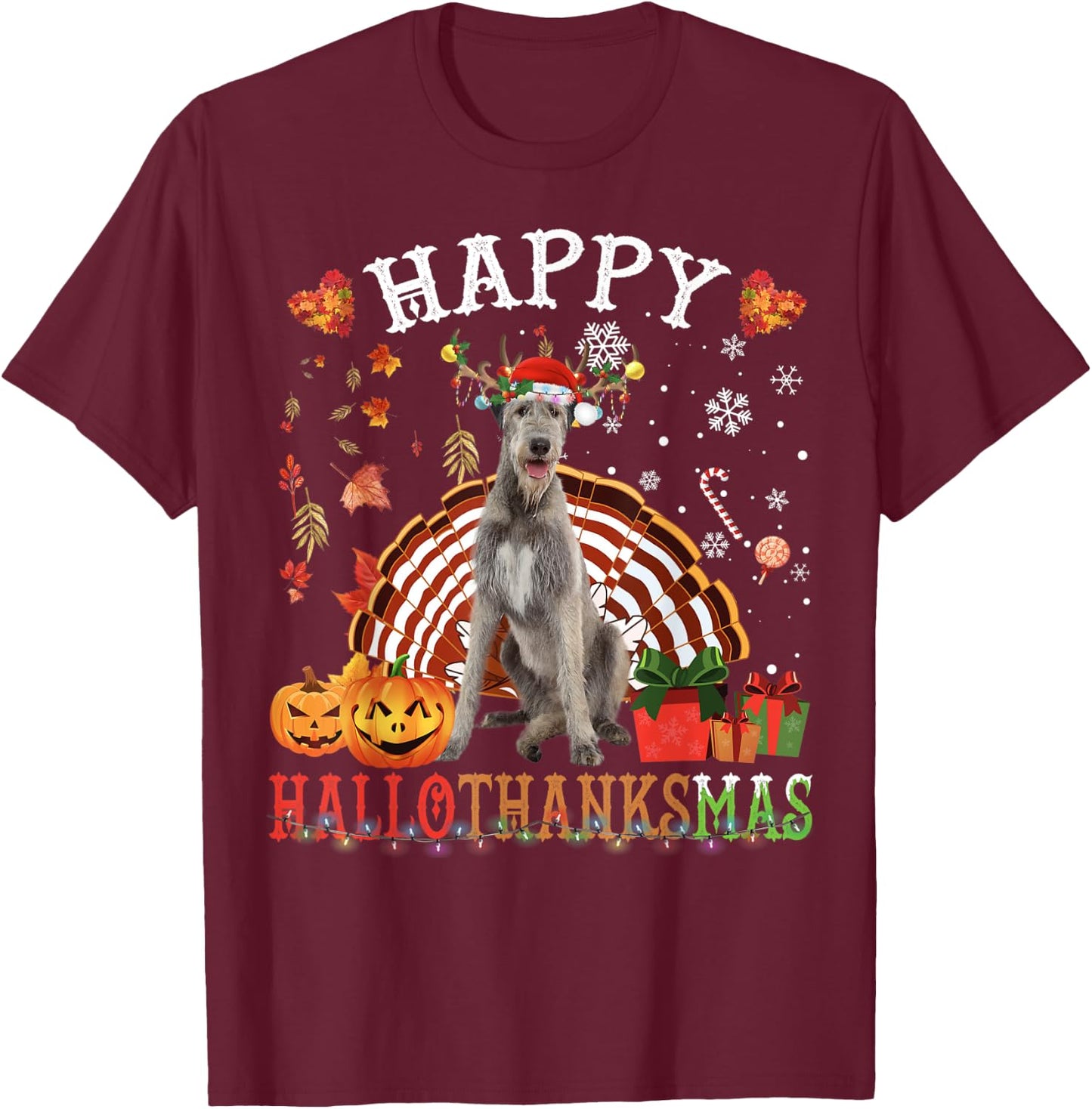 Halloween Thanksgiving Christmas Irish Wolfhound XMas T-Shirt - T-Shirt | Maroon