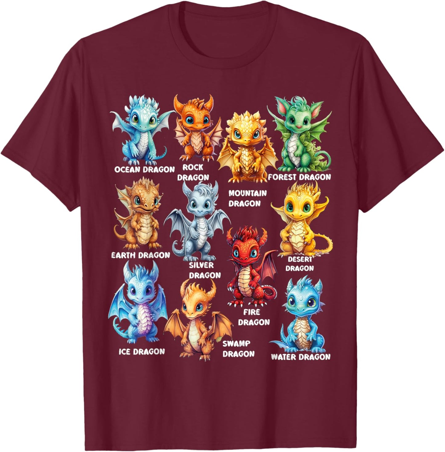 Types Of Dragons Cool Dragon Kids Toddler Boys Girls T-Shirt - T-Shirt | Maroon