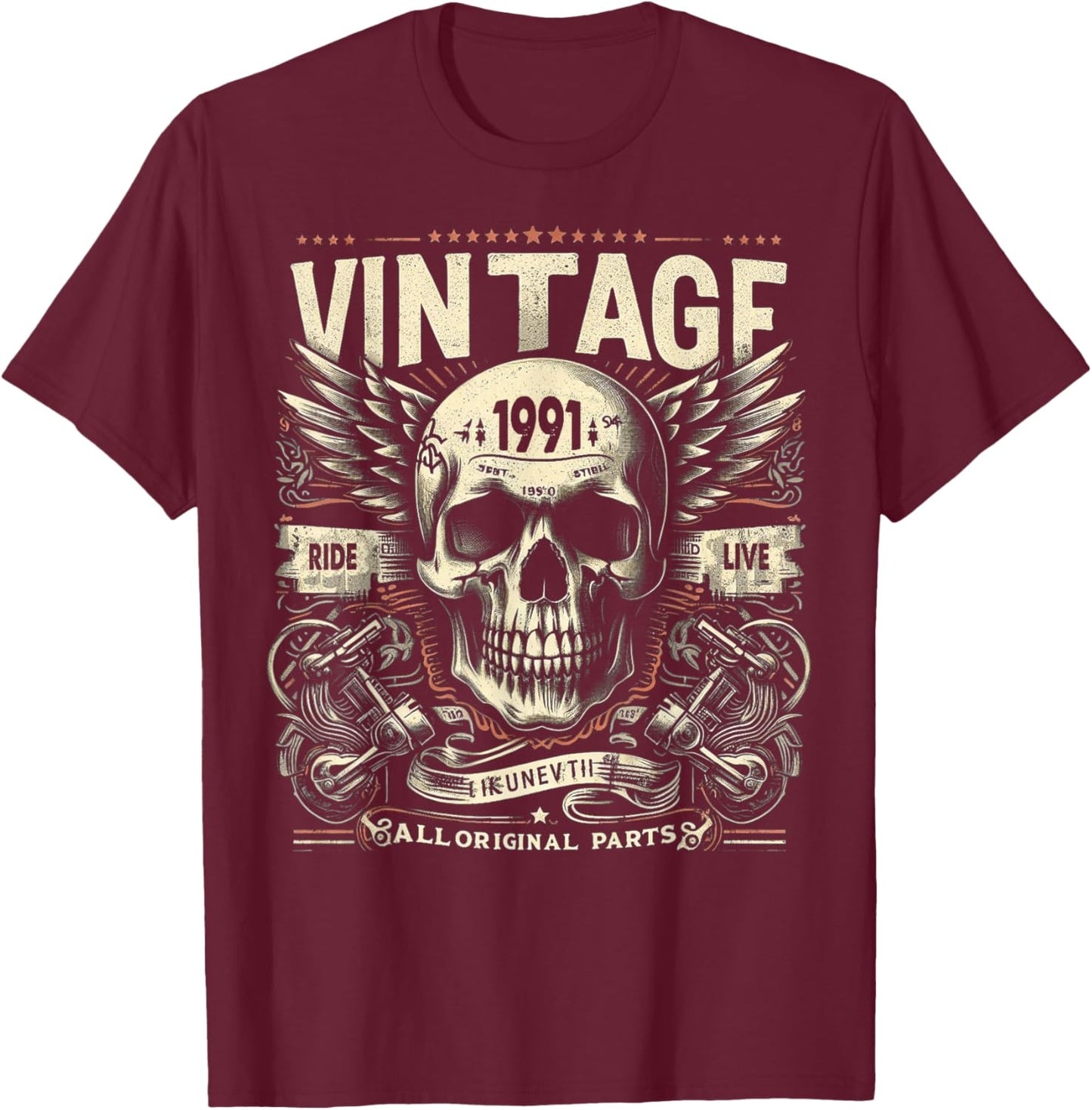 Vintage 1991 born in 1991 birthday skull biker motorcycle T-Shirt - T-Shirt | Maroon