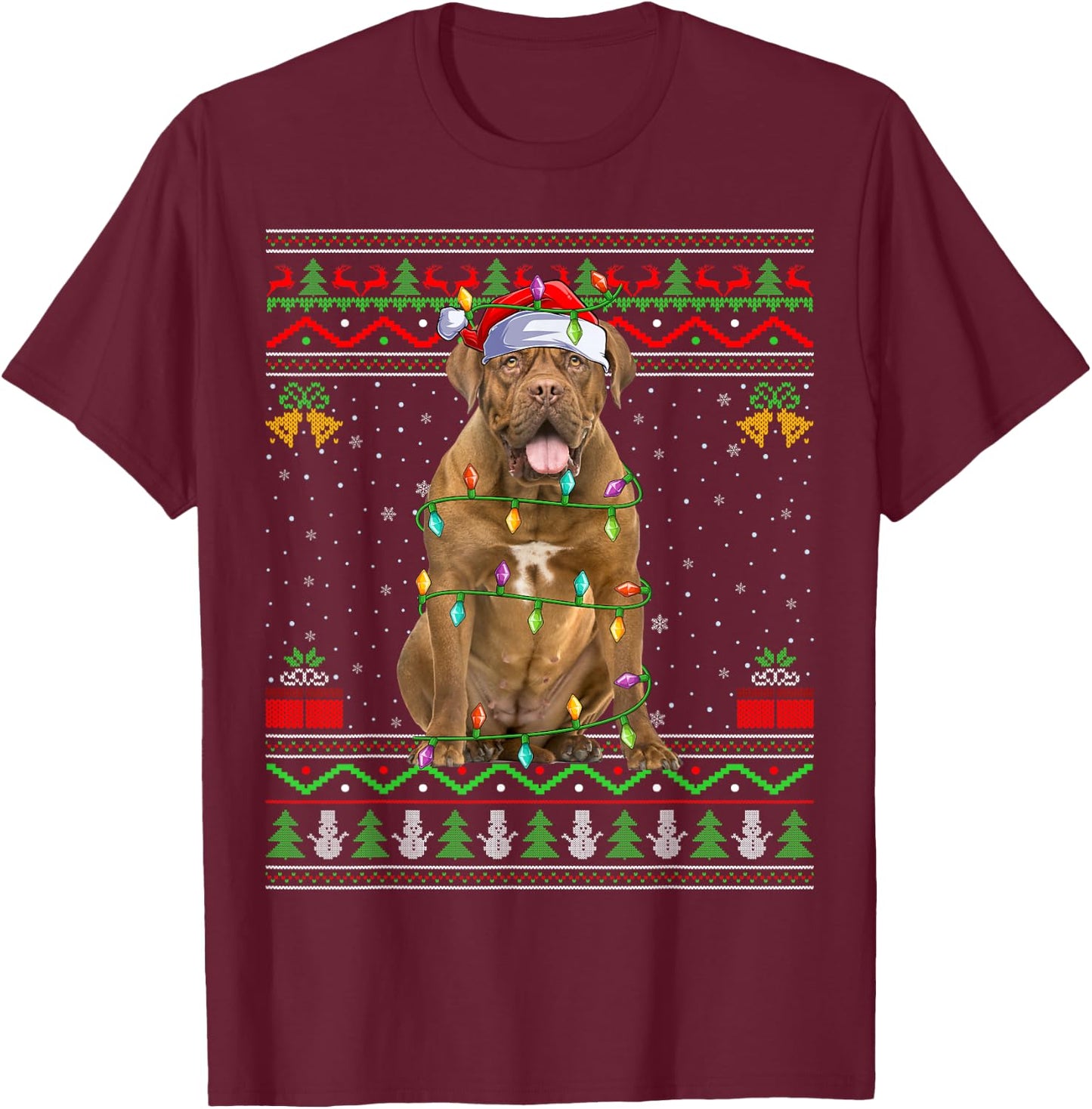 Dogue De Bordeaux Dog Christmas Lights Santa Ugly Xmas Men Women Kids T-Shirt - T-Shirt | Maroon