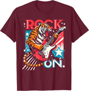 Tiger Man Rock on Playing Guitar Music Vintage Guitarist T-Shirt - T-Shirt | Maroon