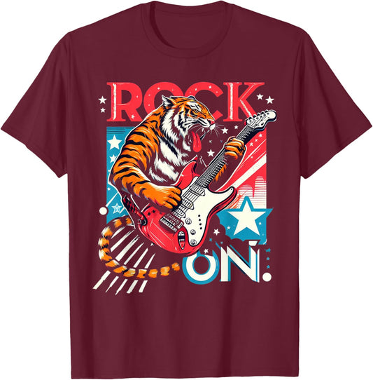 Tiger Man Rock on Playing Guitar Music Vintage Guitarist T-Shirt - T-Shirt | Maroon