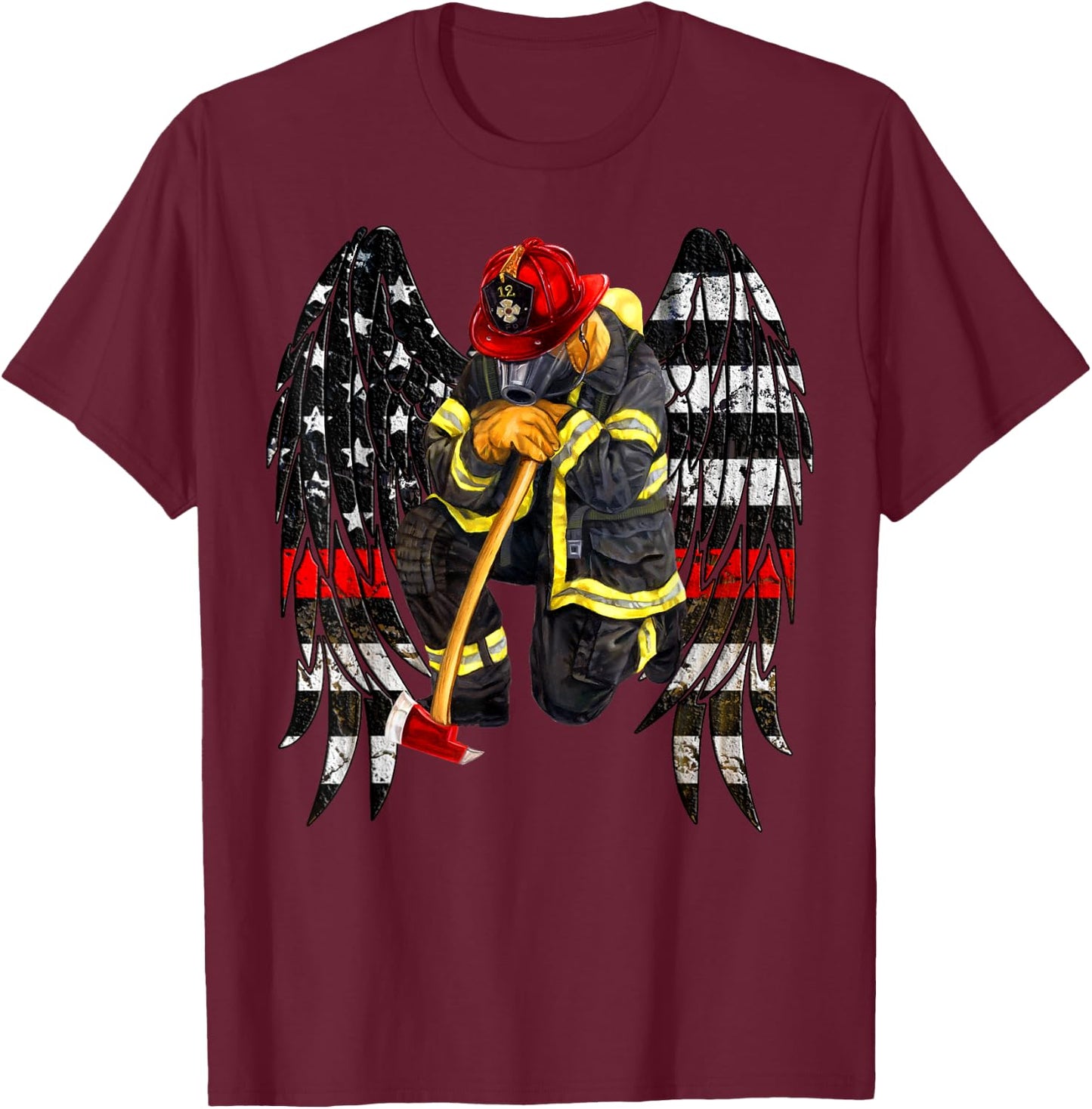 Firefighters Flag Angel Wings Gift Kneel firefighter prayer T-Shirt - T-Shirt | Maroon