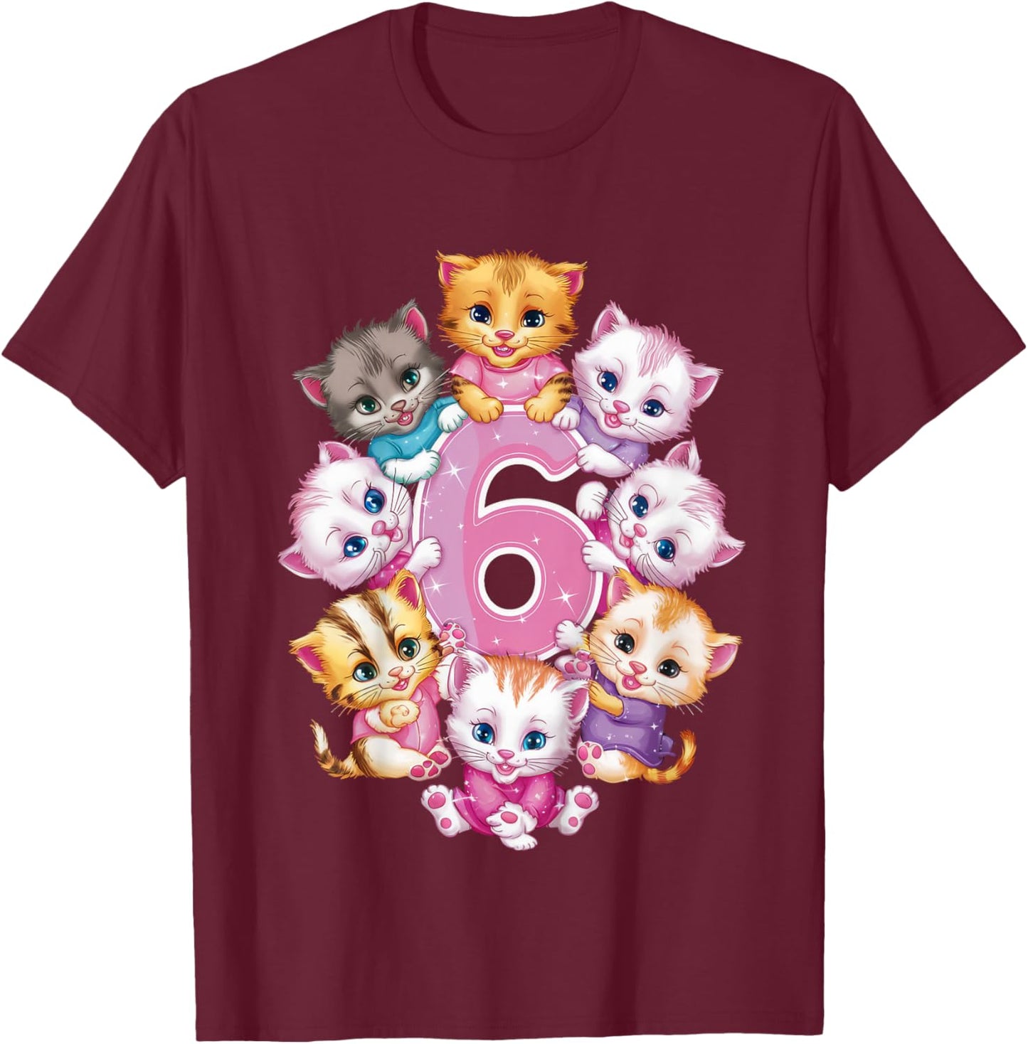 Anniversaire 6 ans avec chatons pour filles T-Shirt - T-Shirt | Maroon