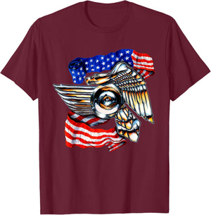 Motorcycle Biker Eagle Emblem American Flag 4th of July T-Shirt - T-Shirt | Maroon