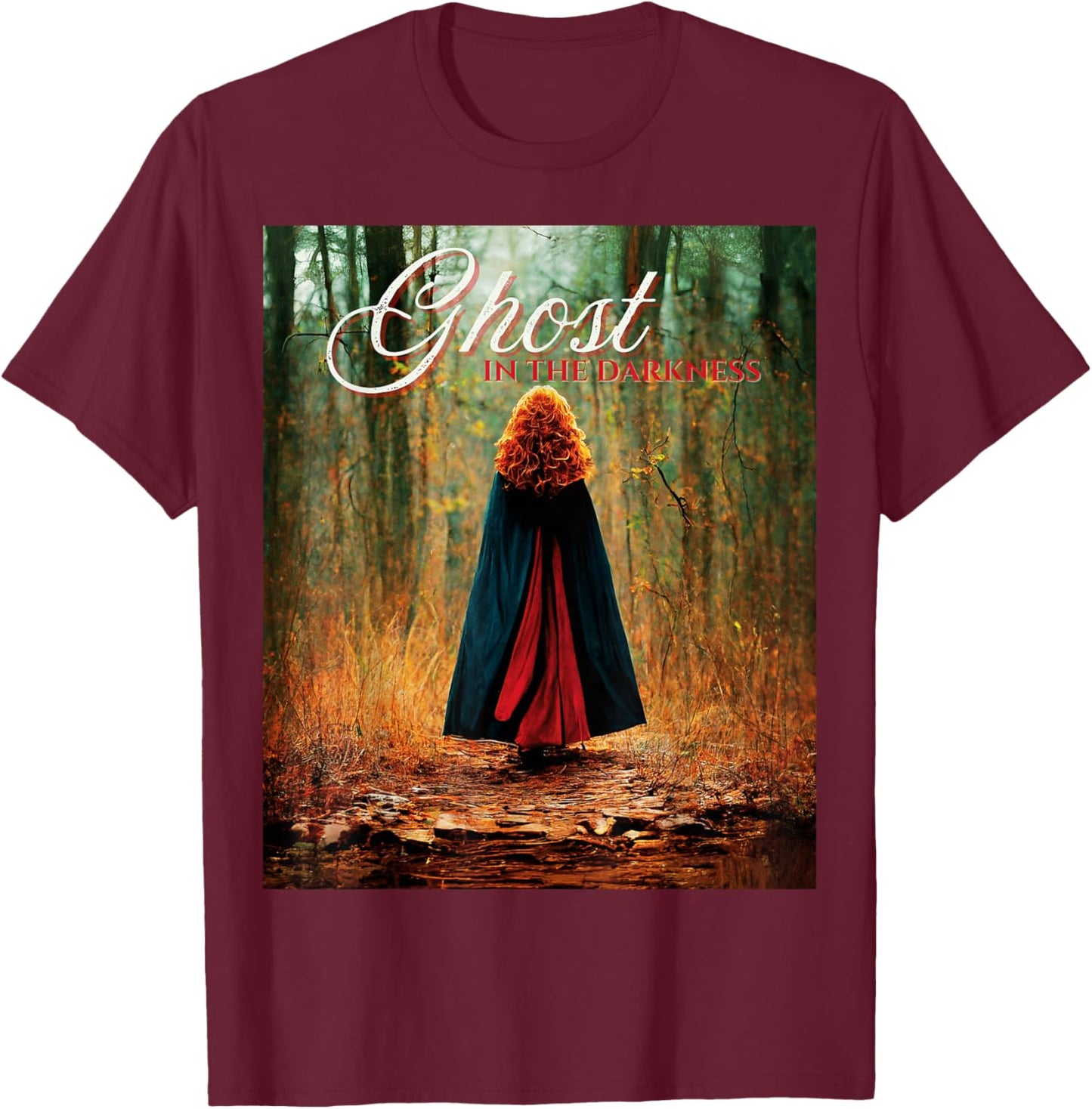 Ghost in the Darkness Halloween Graphic , -Adults, Black, Small, Short Sleeve, Classic Fit T-Shirt - T-Shirt | Maroon