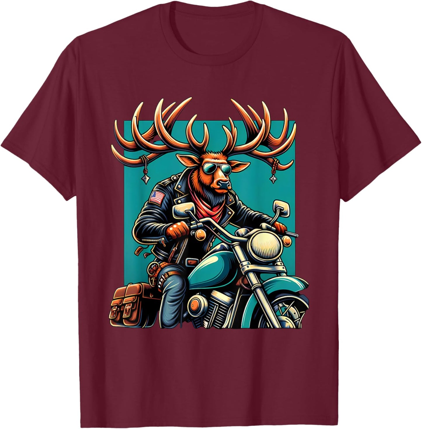 Biker Elk Riding Motorbike T-Shirt - T-Shirt | Maroon