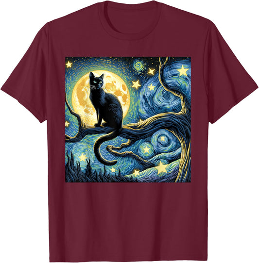 Cat Starry Night Van Gogh Cat Art Funny T-Shirt - T-Shirt | Maroon