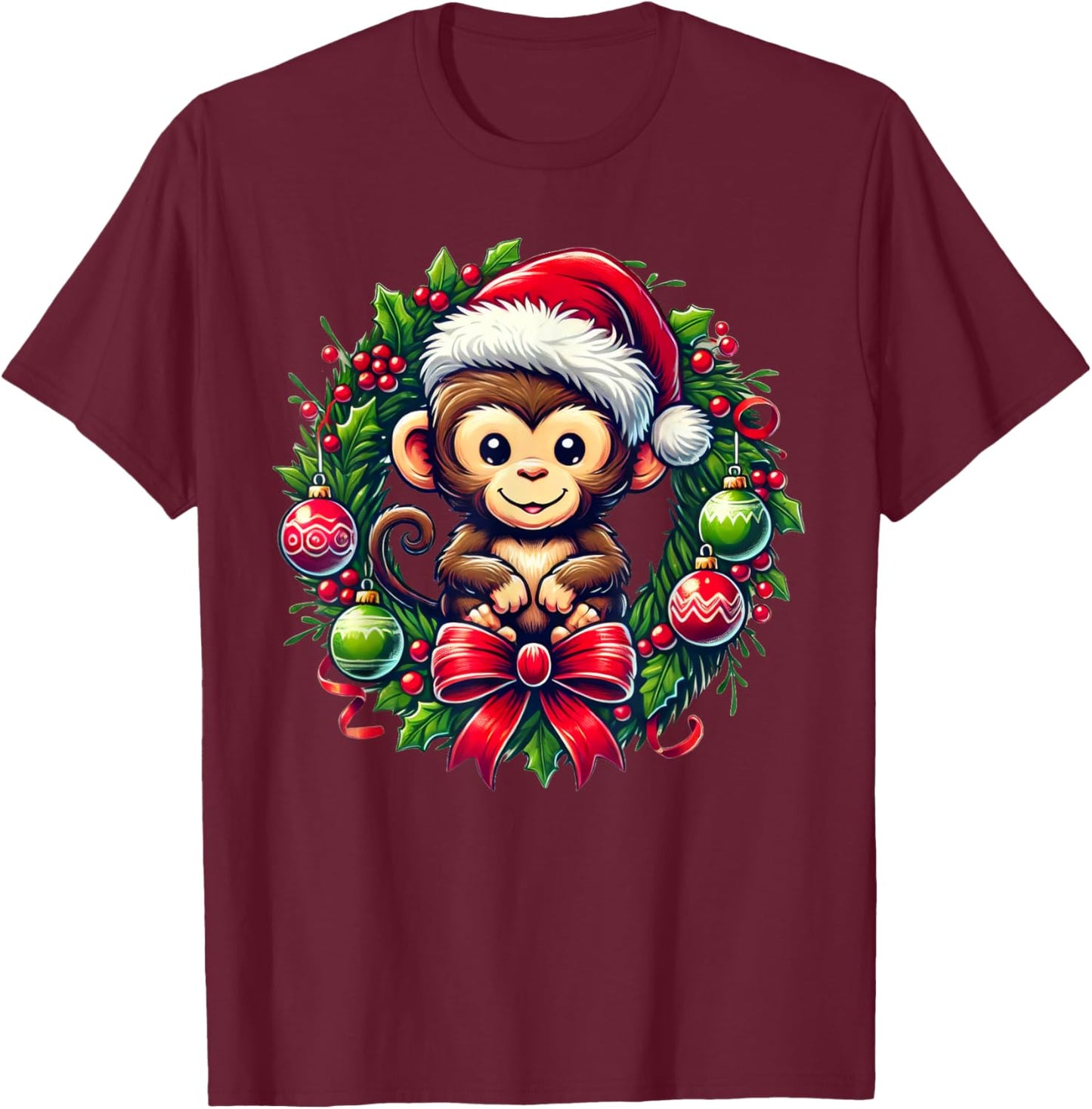 Monkey Santa Hat Christmas Xmas T-Shirt - T-Shirt | Maroon