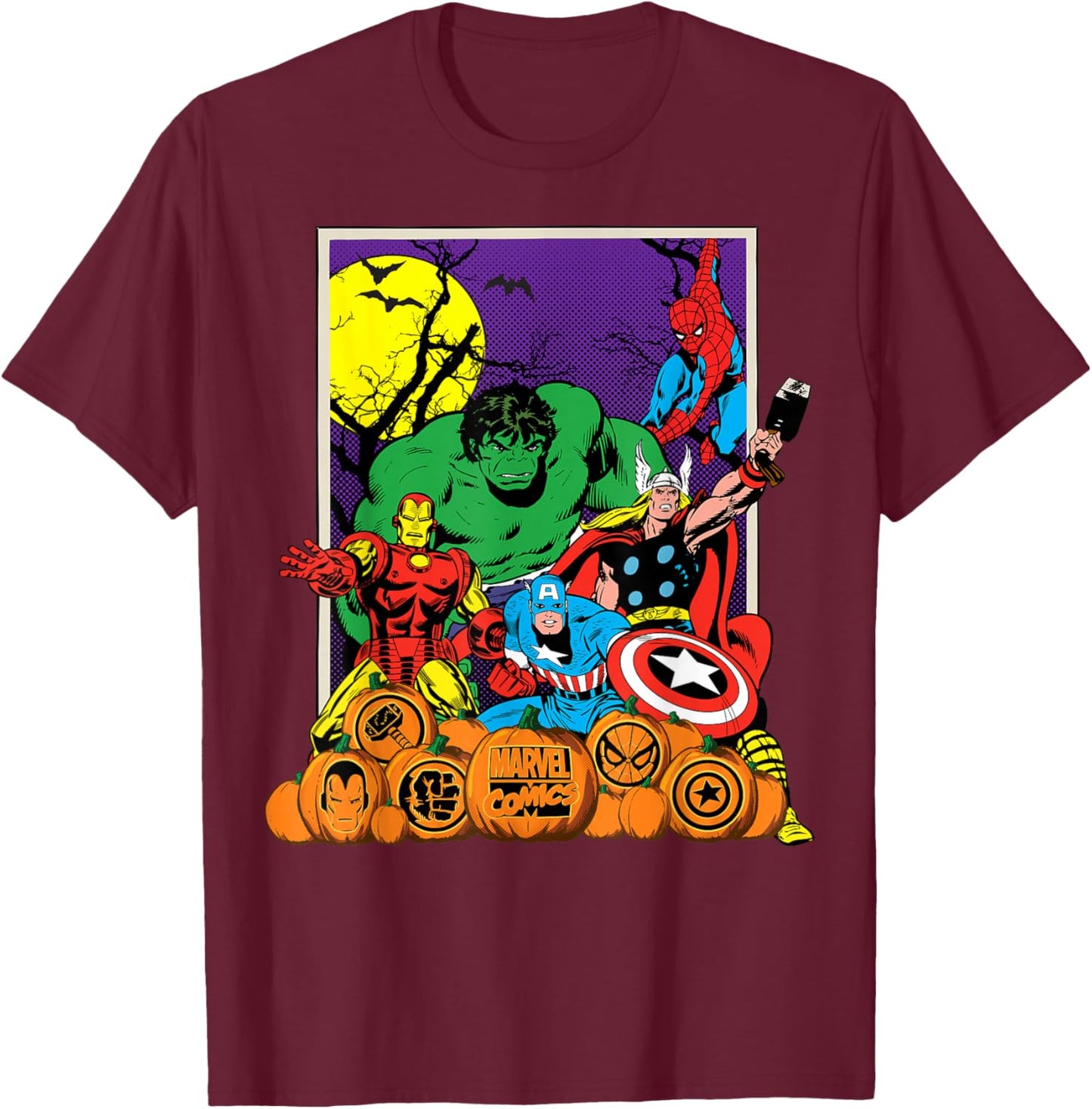 Marvel Comics Avengers Halloween Vintage Jack-o'-Lanterns T-Shirt - T-Shirt | Maroon