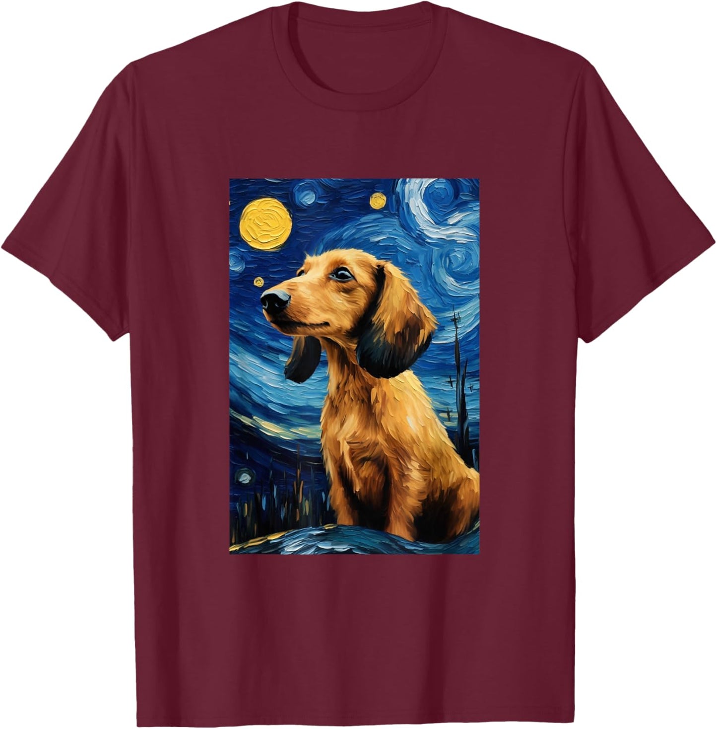 Cute Dachshund Dog Doggy - Van Gogh Style - Starry Night T-Shirt - T-Shirt | Maroon