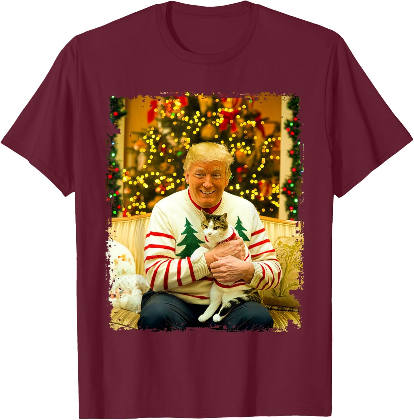 Funny Trump Christmas Sweater for Cat Lovers Xmas Pajamas T-Shirt - T-Shirt | Maroon