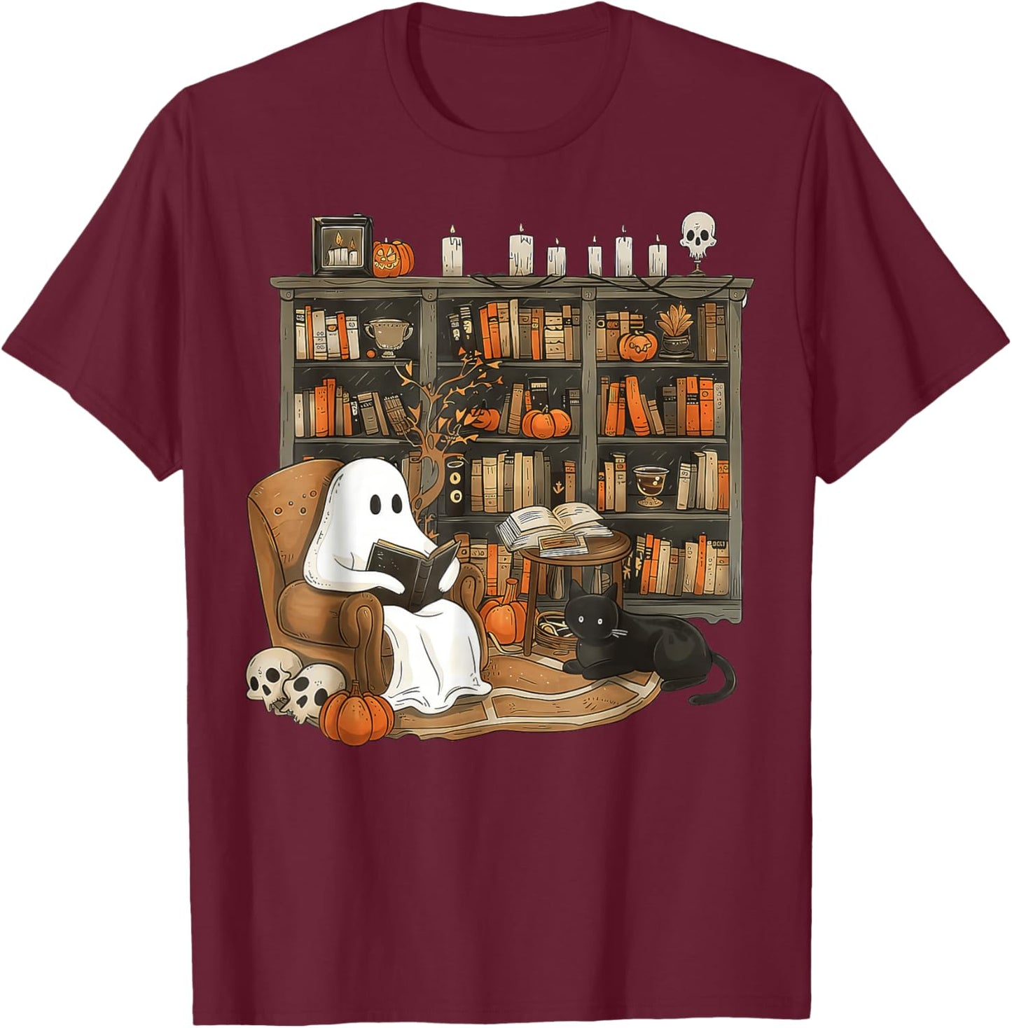 Retro Ghost Reading Books cat, Librarian Ghost Halloween T-Shirt - T-Shirt | Maroon