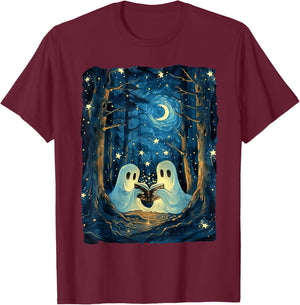 Starry Night Ghost Book Reading Camping Halloween Van Gogh T-Shirt - T-Shirt | Maroon