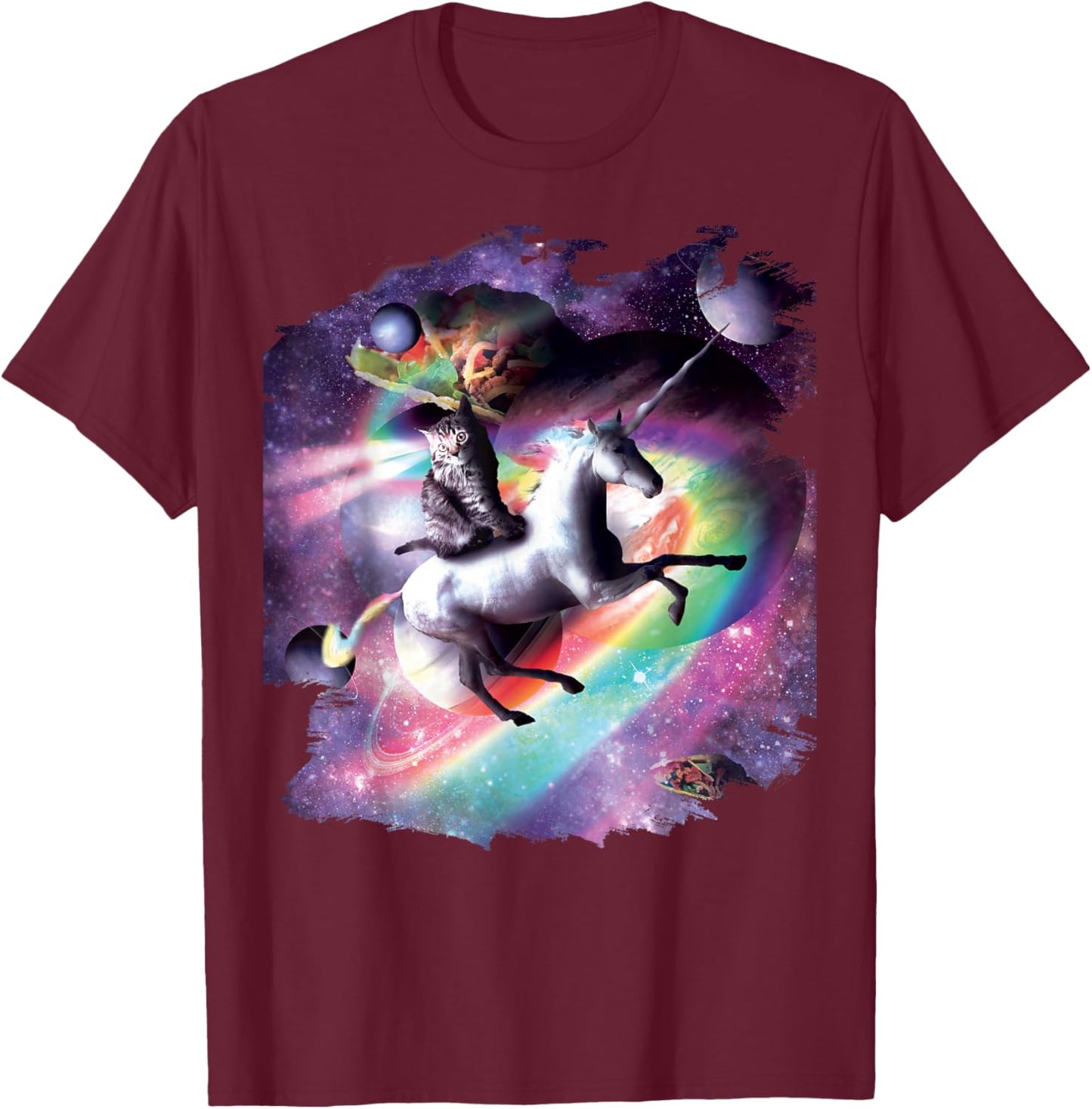 Cat Riding Unicorn In Space T-Shirt - T-Shirt | Maroon