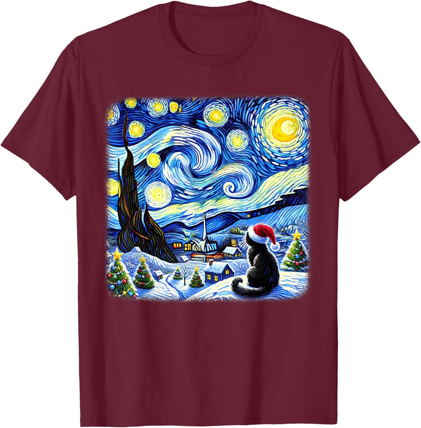 Christmas Van Gogh Starry Night Black Cat Santa Hat Xmas T-Shirt - T-Shirt | Maroon
