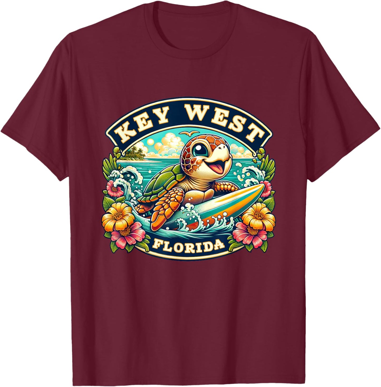 Key West Florida Cute Sea Turtle Surfing T-Shirt - T-Shirt | Maroon