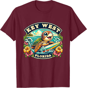 Key West Florida Cute Sea Turtle Surfing T-Shirt - T-Shirt | Maroon